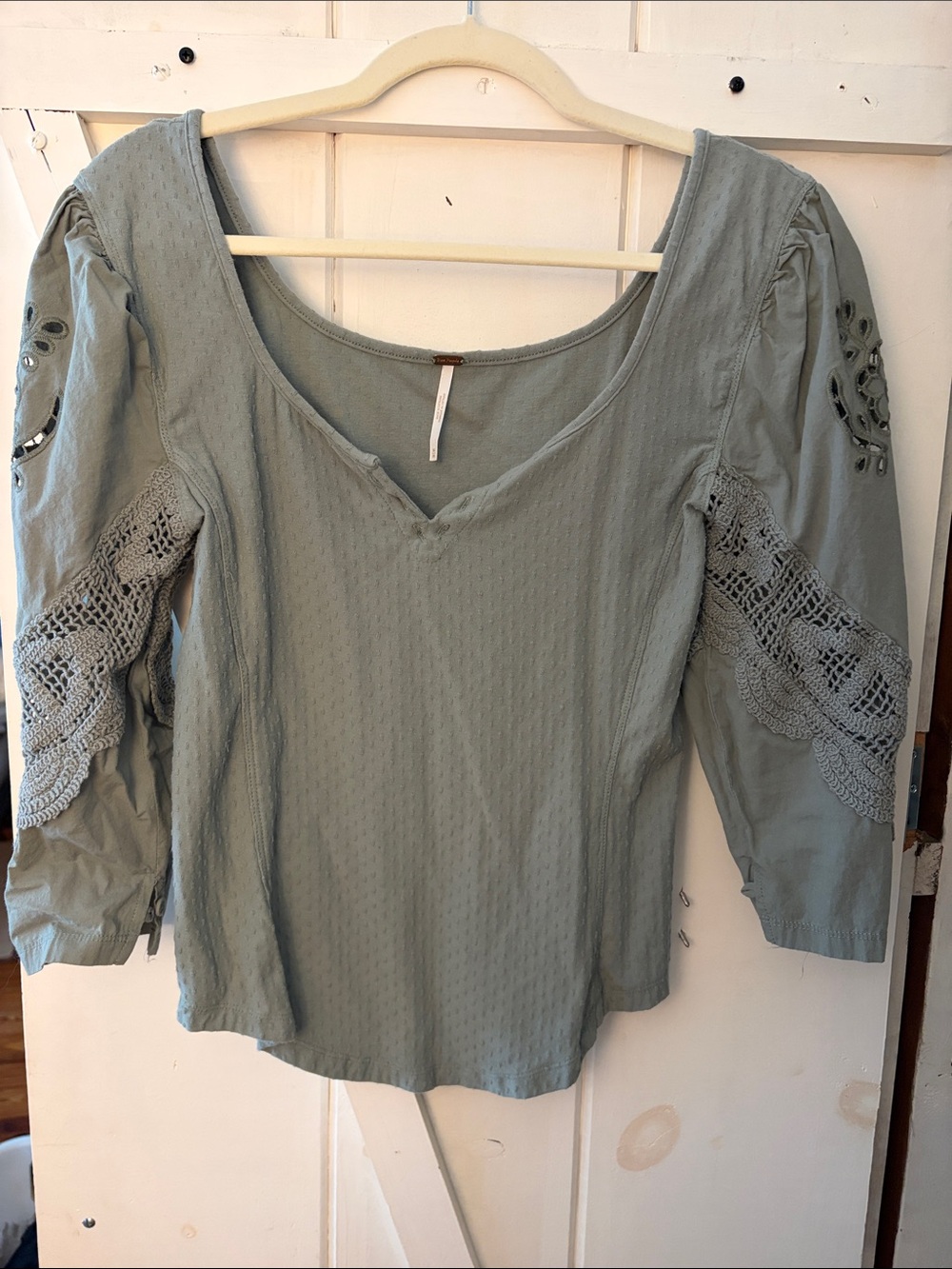 Light Sage Crochet-Sleeve Women's Top